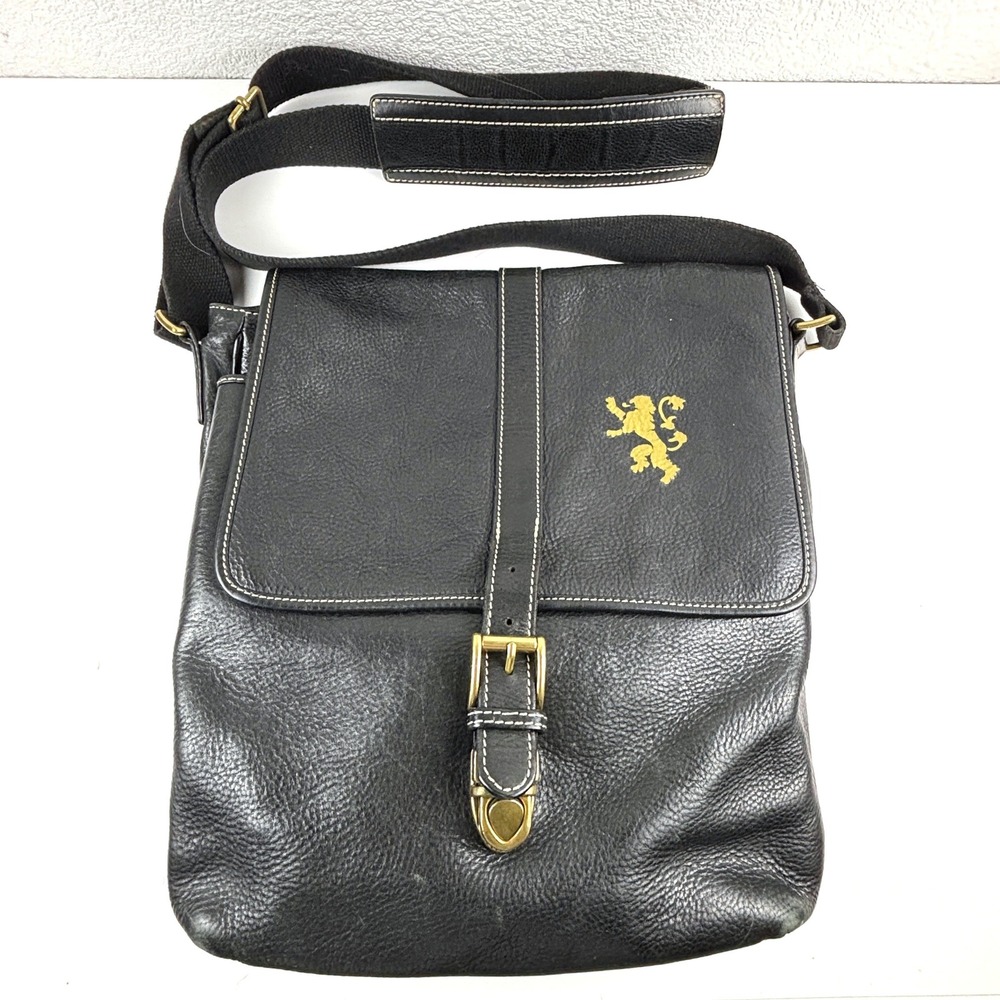 Vtg Cole Haan Messenger Bag Unisex Medium Black Leather Lion Crest Buckle Preppy